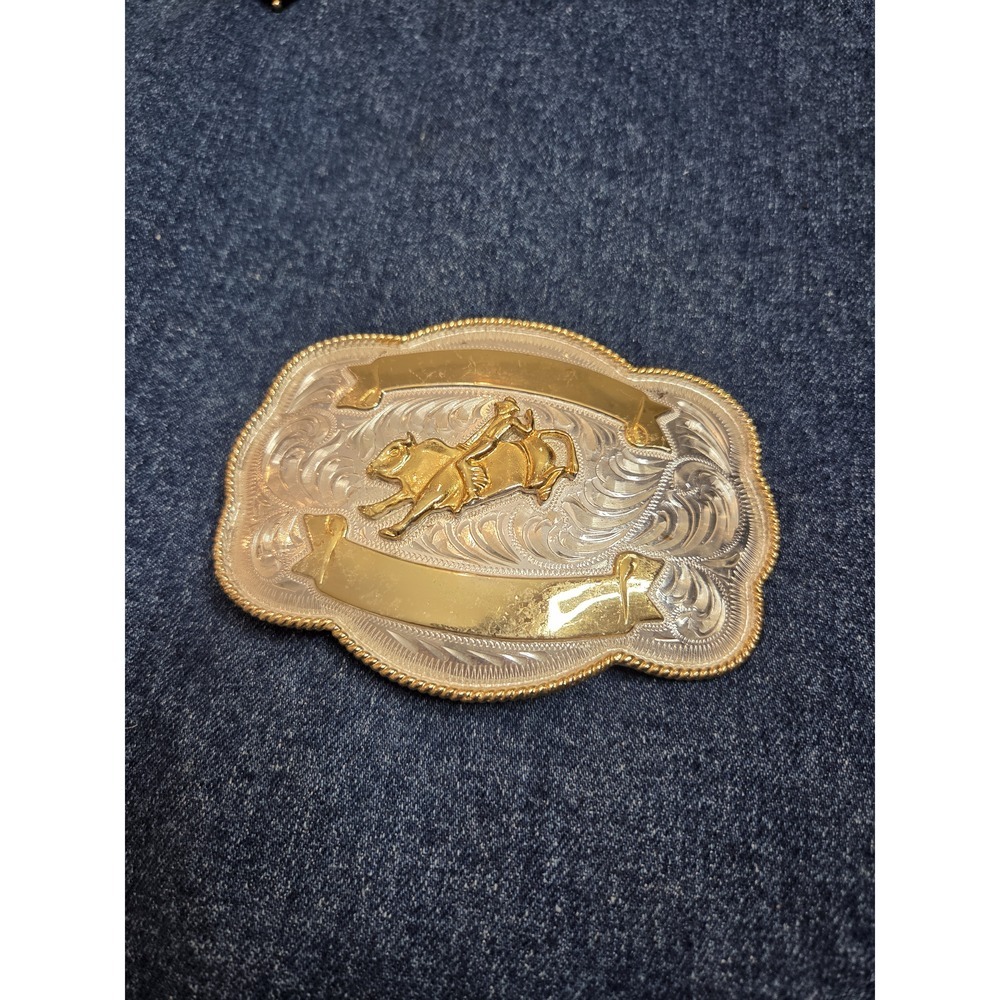 Vintage Alpaca Mexico Bull Riding Oversized Silver & Gold Belt Buckle